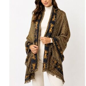 Rima Pashmina Scarf Leopard Animal Print Fringe Shawl Wrap Black Gold Brown Boho